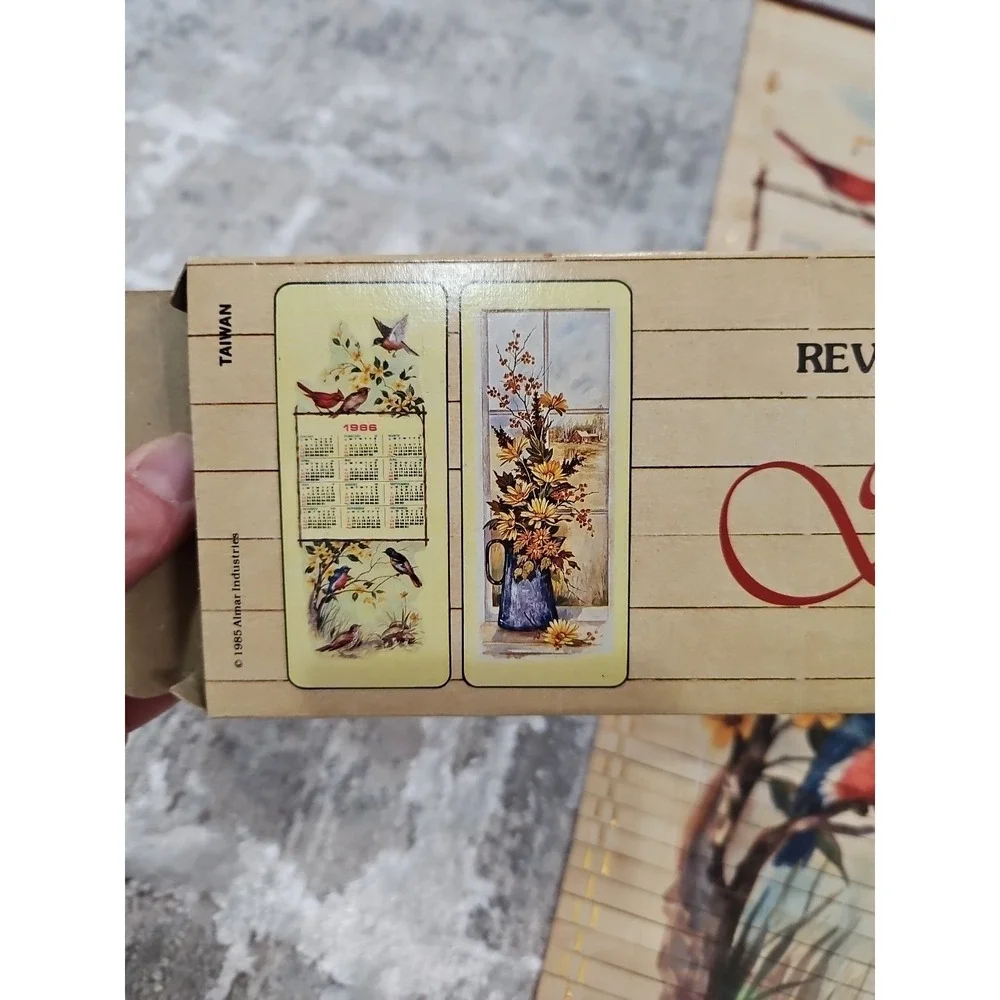 Vintage 1986 Wooden Scroll Calendar Cane Wall Hanging Floral Scene Birds